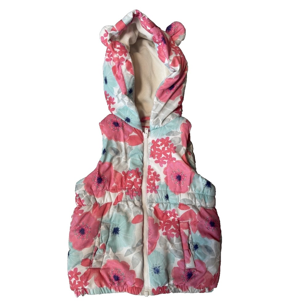 Gymboree Pink Floral Little Girls Hooded Puffer Vest With Pockets Sz 3T Darling!